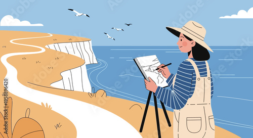 Artist Captures Coastal Serenity Sketching Scenic Cliffs Beside The Sea
