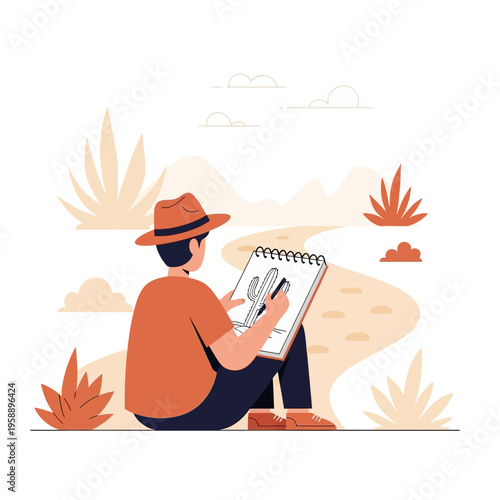 Artist Captures Desert Beauty Sketching Cactus Outdoors Scenic Landscape