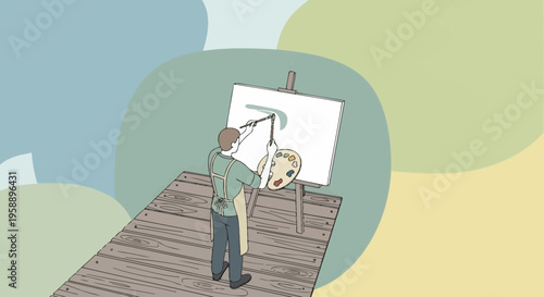 Artist On A Wooden Platform Creates New Artwork Outdoors