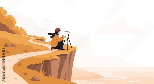 Artist On Cliff Painting Scenic Landscape