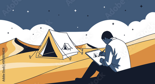 Artist Captures Desert Tent Scene Under Starry Night Sky