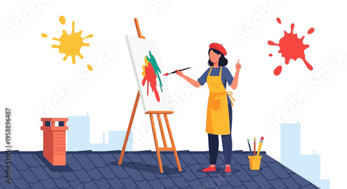 Artist Painting Rooftop Creative Expression Vibrant Cityscape Urban Artistry