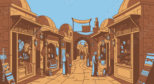 Vibrant Ancient Marketplace Scene with People and Stalls