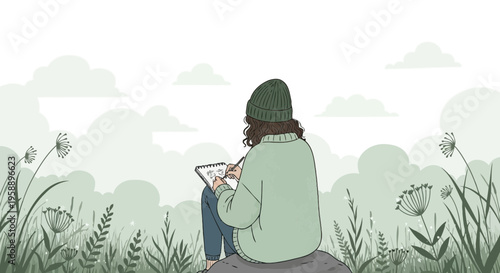 Artist Sketching Nature Amidst Serene Wildflowers And Cloudy Skies