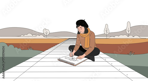 Artist Sketching Outdoors Inspiring Nature Views Minimalist Style