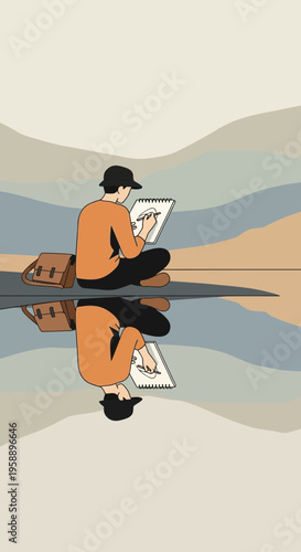 Artist Sketching Serene Reflection Outdoors On Calm Water