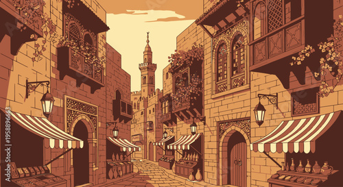 Middle Eastern old town street with mosque and shops