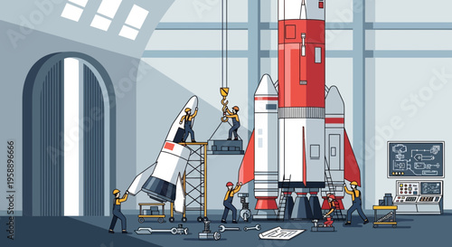 Assembling Space Rocket In Hangar For Launch