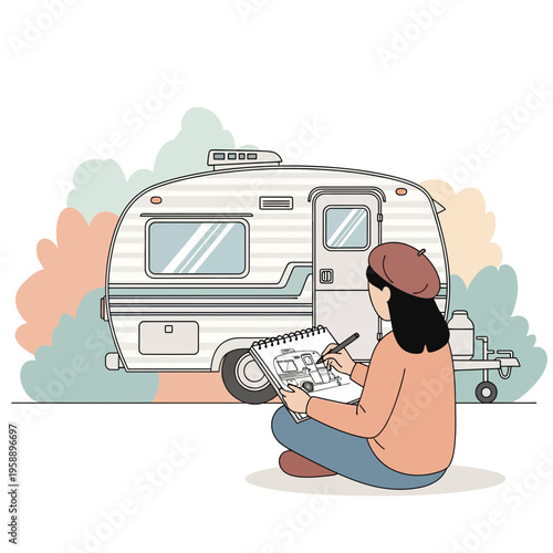 Artistic Camper Life Drawing A Retro Trailer Design Outdoors