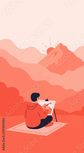 Artist Capturing Scenic Mountain Sunrise Landscape In A Tranquil Outdoor Setting