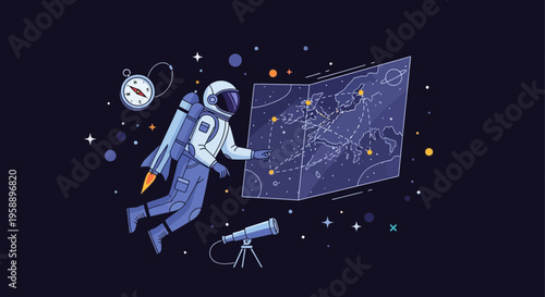 Astronaut Navigates Cosmic Map With Rocketpack and Compass In Deep Space