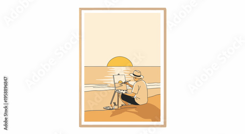 Artist Capturing Serene Sunset Horizon Coastal Canvas Creation