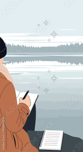 Artist Capturing Serene Winter Lake Scene With Gentle Snowfall