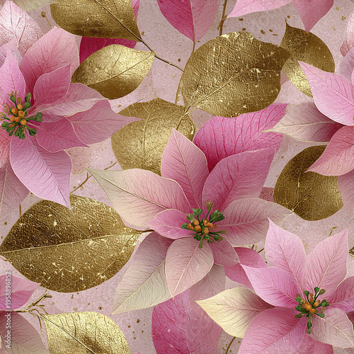 Pink poinsettia flower with gold leaves seamless pattern, elegant floral design with soft pink petals and shiny golden foliage creating luxurious and festive atmosphere