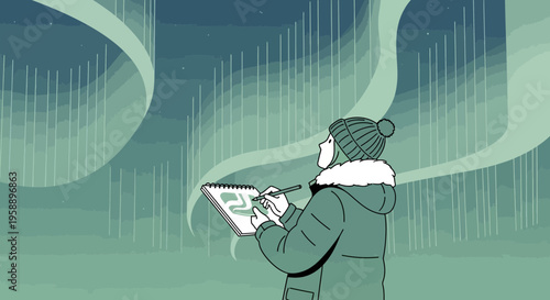 Artist Capturing The Northern Lights In A Sketchbook On A Cold Night