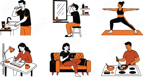 Daily routine illustrations personal care, learning, exercise, and home activities