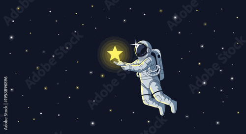 Astronaut Reaching For A Shining Star Amongst Cosmic Dust And Celestial Bodies