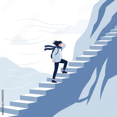 Ascending Snowy Mountain Steps Towards the Summit of Success