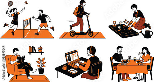 Collection of diverse lifestyle activities including sports, commuting, gardening, reading, remote work, and dining