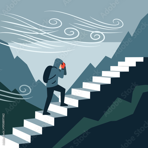 Ascending Staircase To Mountain Summit Amidst Gusty Winds
