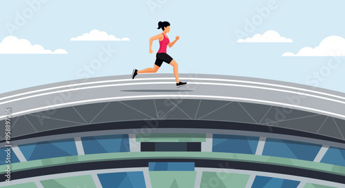 Athletic Woman Running On Stadium Track Against A Cloudy Sky