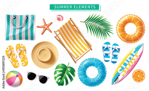 Set of Summer Beach Elements with Surfboard Deck Chair Summer Hat and Inflatables Vector Illustration