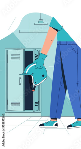 Athlete Retrieving Protective Gear From Locker Room Storage