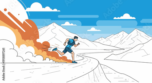 Athlete Running Fast Through Snowy Mountain Landscape With Orange Dust Cloud
