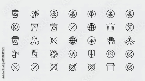 A collection of minimalist line art icons representing recycling, sustainability, and environmental care, perfect for eco-friendly branding and awareness campaigns