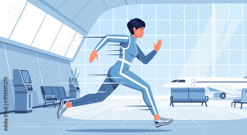 Athletic Woman Sprinting Through Modern Airport Terminal