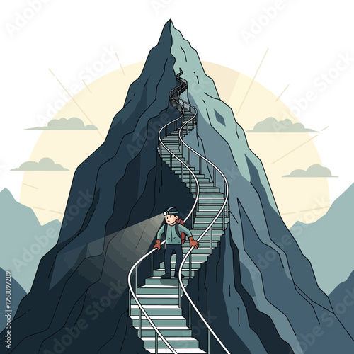 Ascending Treacherous Mountain Stairway Towards Summit Success And Goal Achievement
