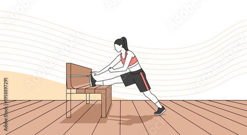 Athletic Woman Stretching Legs On A Bench Outdoor Exercise Scene