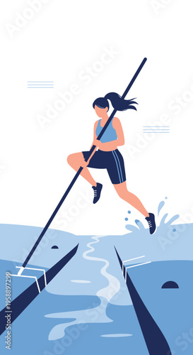 Athletic Woman Vaults Over Water With Pole During Competition