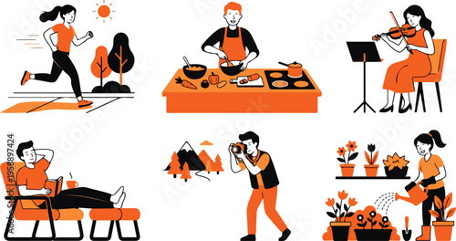 Illustration of people enjoying various hobbies and leisure activities in their free time