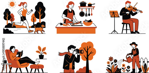 Set of vector illustrations depicting various leisure activities and hobbies