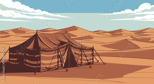 Desert Tent in Arid Landscape with Sandy Dunes and Blue Sky