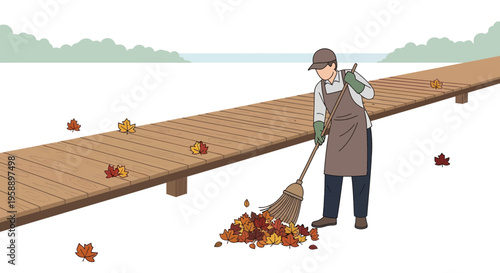 Autumn Clean Up Person Sweeping Leaves on Boardwalk