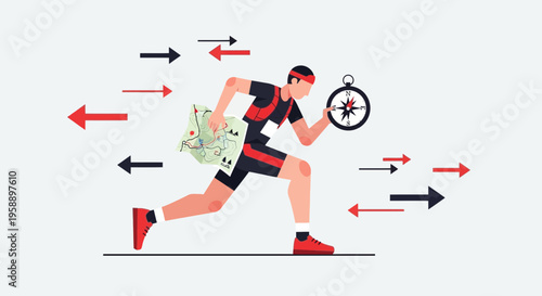 Athletic Navigator Orienting with Map and Compass Amidst Directional Arrows