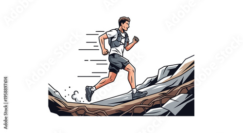 Athletic Man Trails Mountain During Intense Uphill Sprint