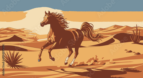 Galloping Horse in Desert Landscape at Sunset