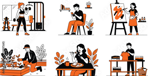 Flat vector illustrations depicting various daily life activities and hobbies