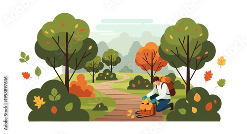 Autumn Hiker Prepares Backpack on Scenic Nature Trail