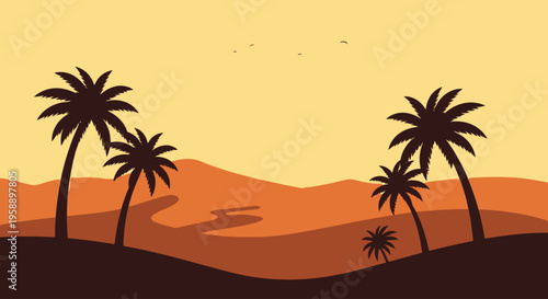 Vector Desert Landscape with Palm Trees at Sunset
