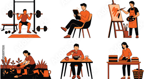 Diverse People Engaging in Various Hobbies and Activities, Flat Vector Illustration