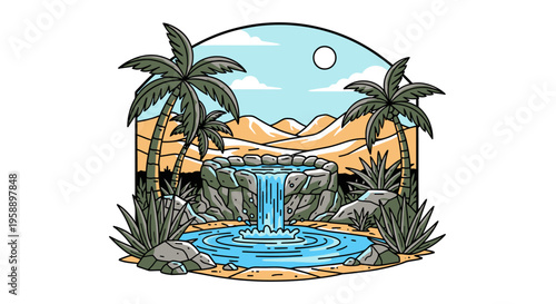 Tropical oasis landscape with waterfall and palm trees