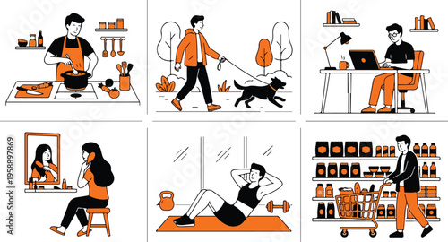 Set of flat vector illustrations depicting everyday activities and hobbies