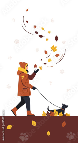 Autumn Walk Joyful Person With Dog Amidst Falling Leaves