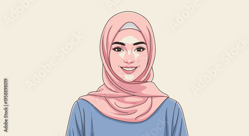 Cartoon Muslim Woman Wearing Pink Hijab and Blue Shirt