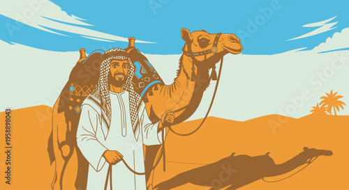 Bedouin man walking with camel through desert landscape
