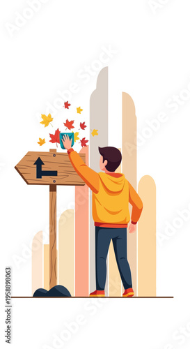 Autumnal Choice Person Reaching For Season's Fall Leaves Signpost Directional Decision